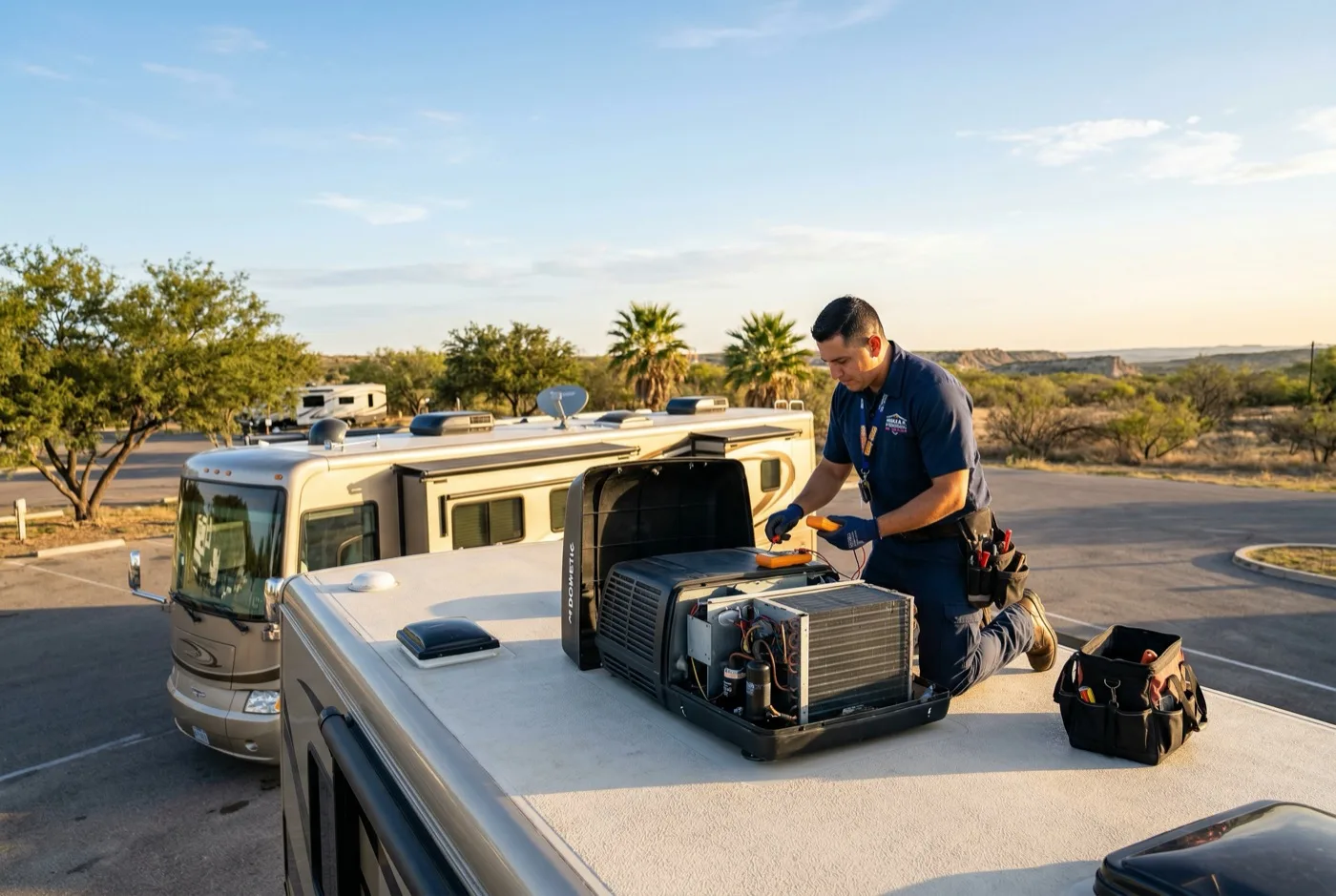 Technician servicing rooftop RV air conditioning on a Class A motorhome