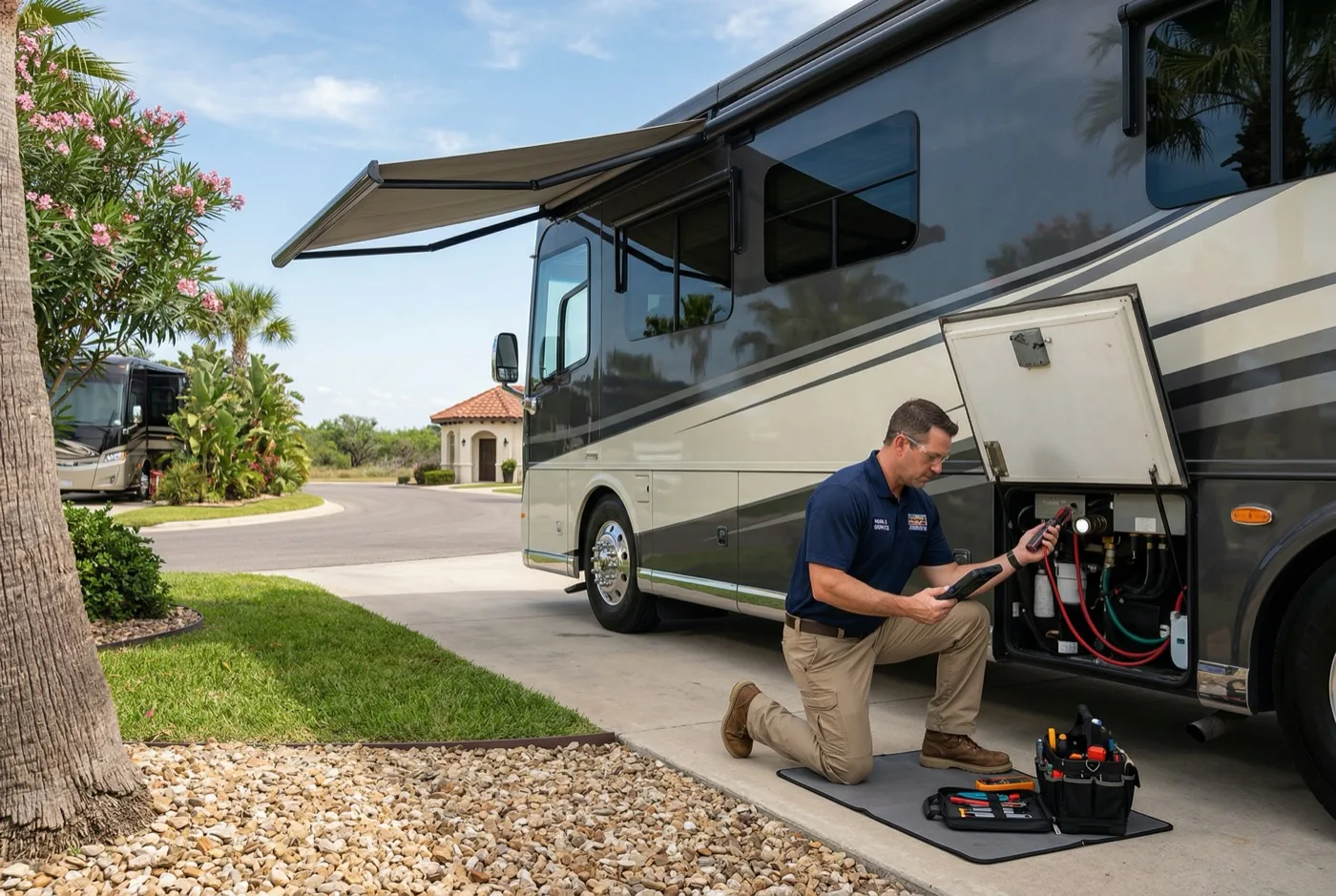 Motorhome parked at an RV site during a mobile service visit