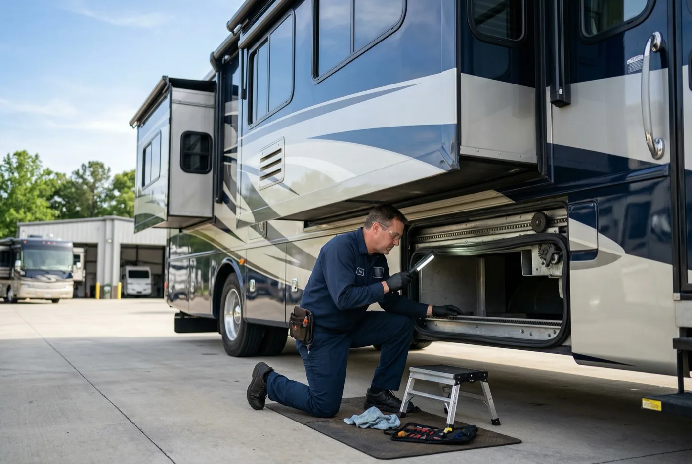 Technician inspecting an RV slide-out seal and mechanism from outside the coach