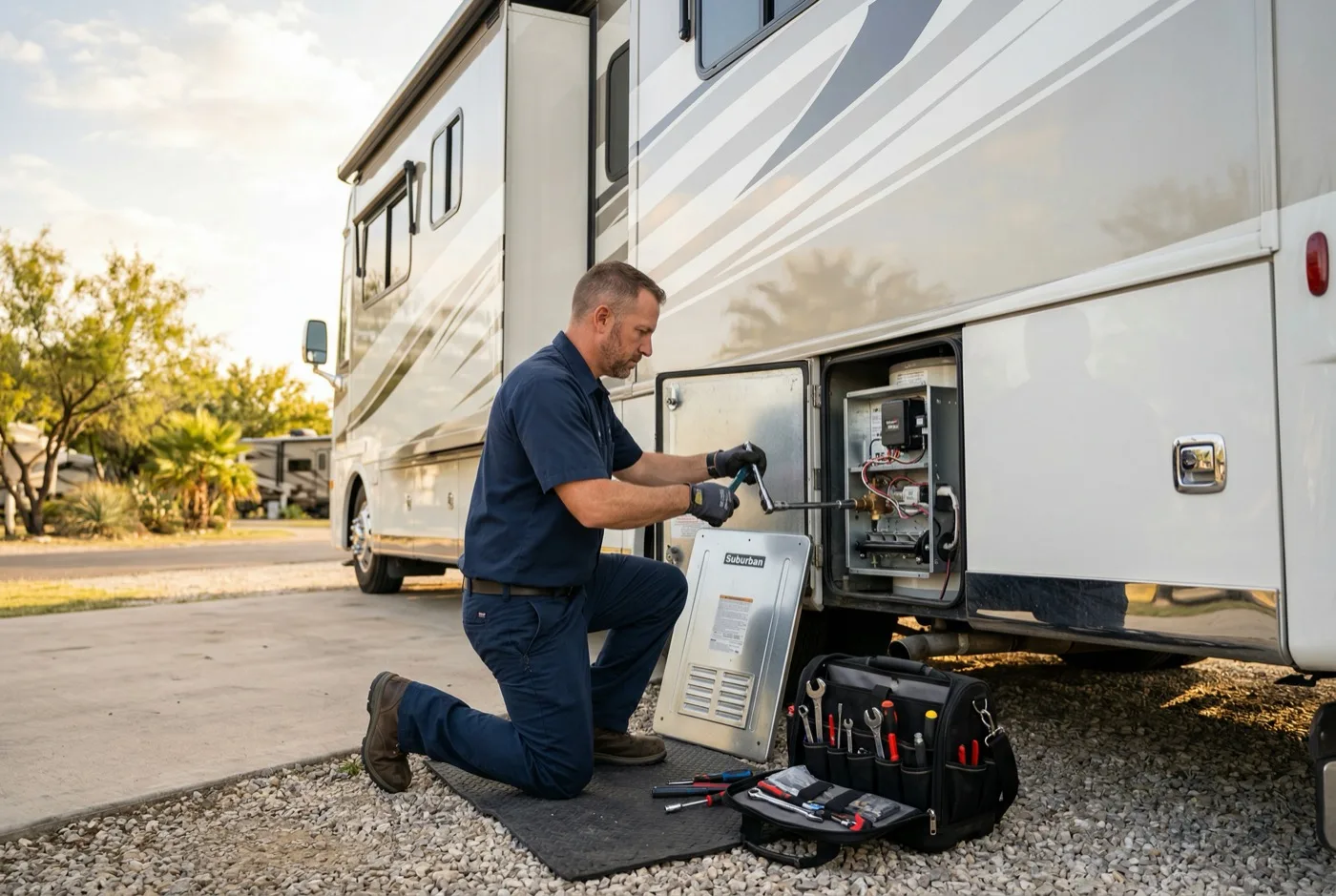 Technician working on an RV water heater access panel